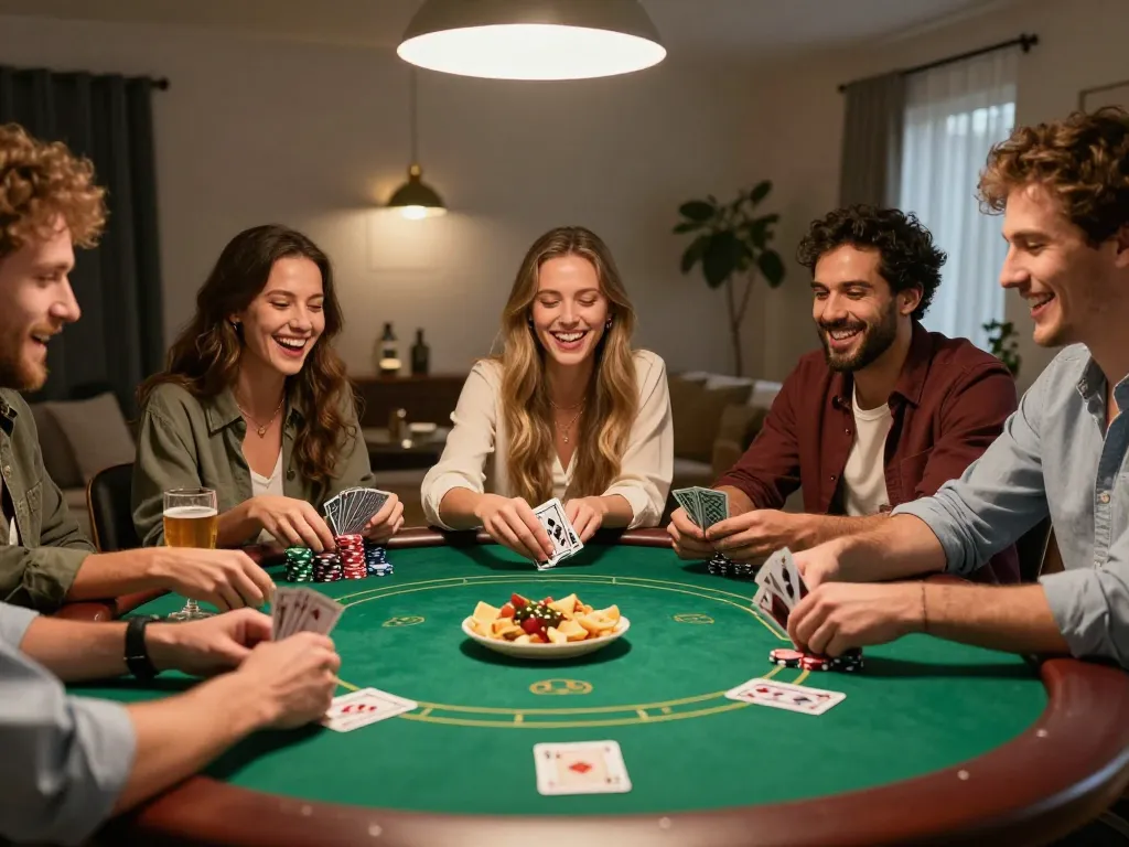 Engaged friends playing poker at home reflects the excitement of TIP88 gaming experience.