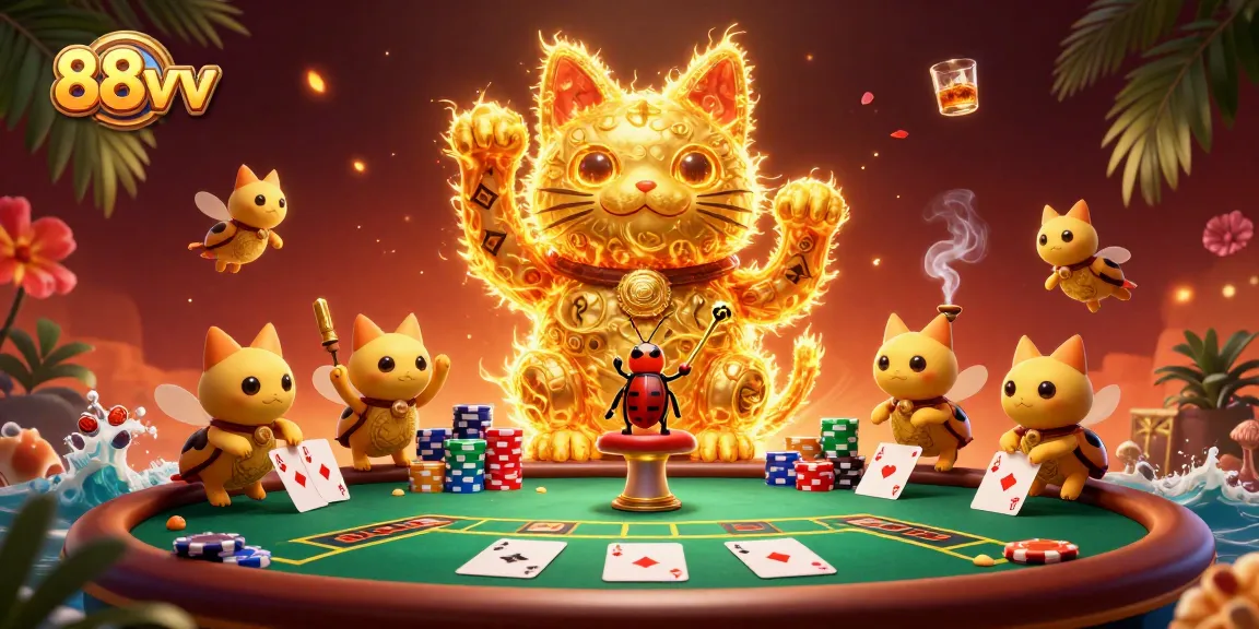 Experience the excitement at 88vv, where golden fireflies form a lucky cat surrounded by poker chips and cards.