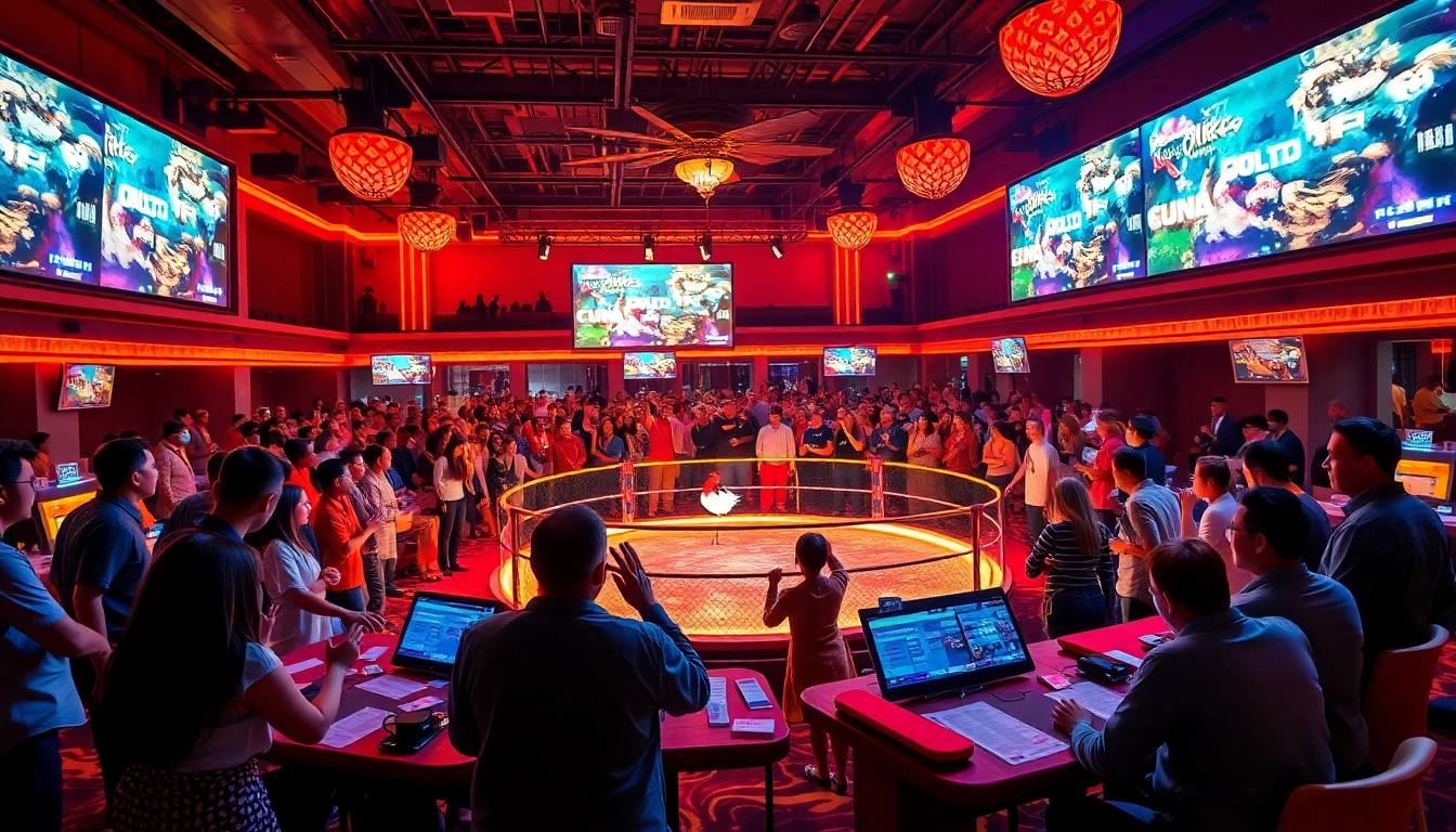 Exciting live chicken fighting matches at đá gà trực tiếp, showcasing vibrant betting activity.