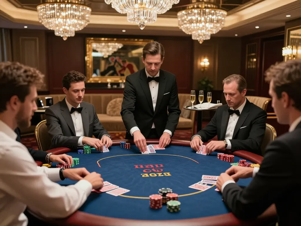 PUB88 players strategizing over an upscale poker table in a luxurious gaming atmosphere.
