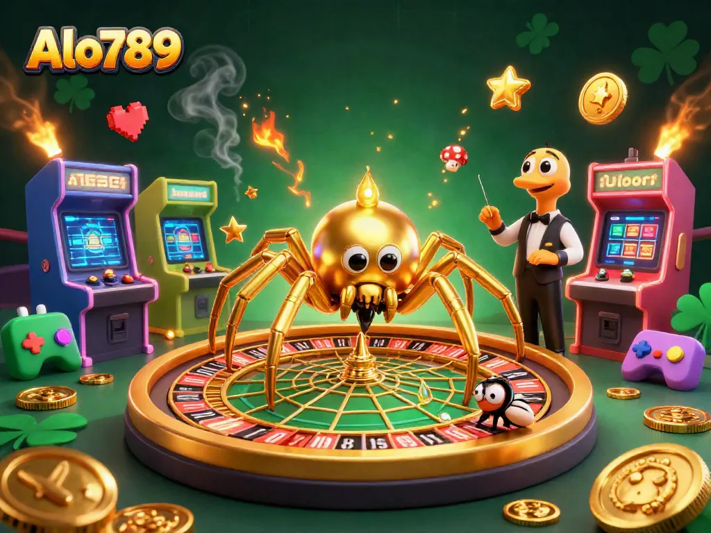 Alo789 features a golden spider and a fly betting in a casino-themed scene filled with vibrant gaming elements.