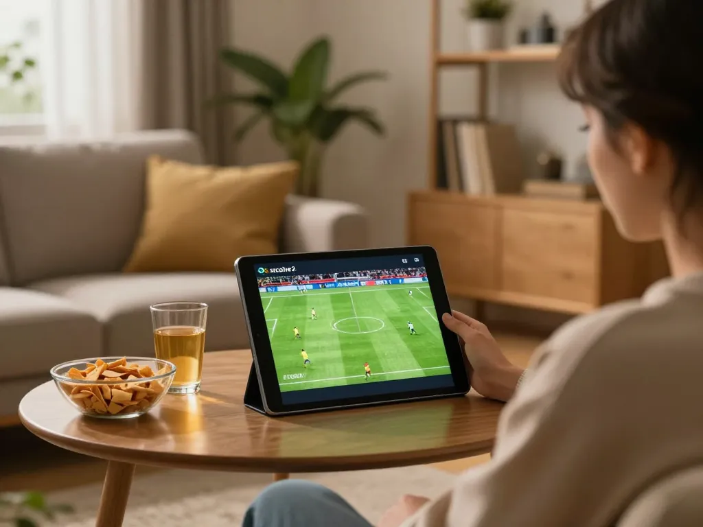 Engaged viewer streaming live sports on socolive2 tablet in cozy home setting
