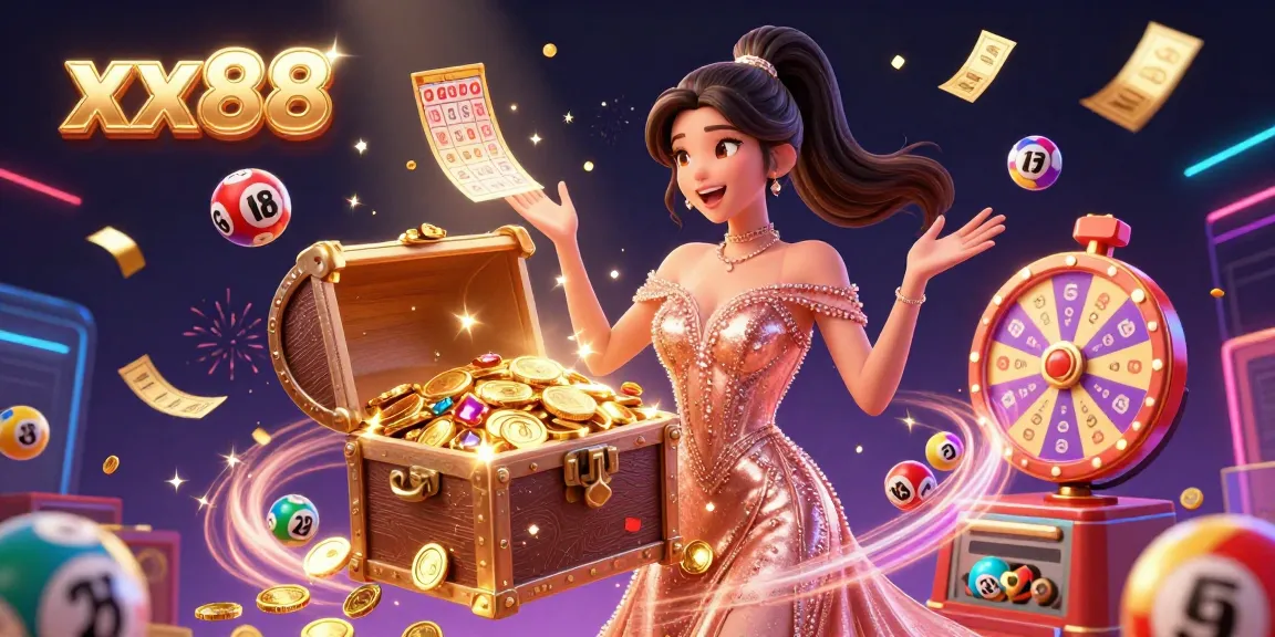 Engage with xx88's thrilling casino atmosphere featuring a gorgeous Asian woman presenting treasures amidst a dynamic gambling scene.