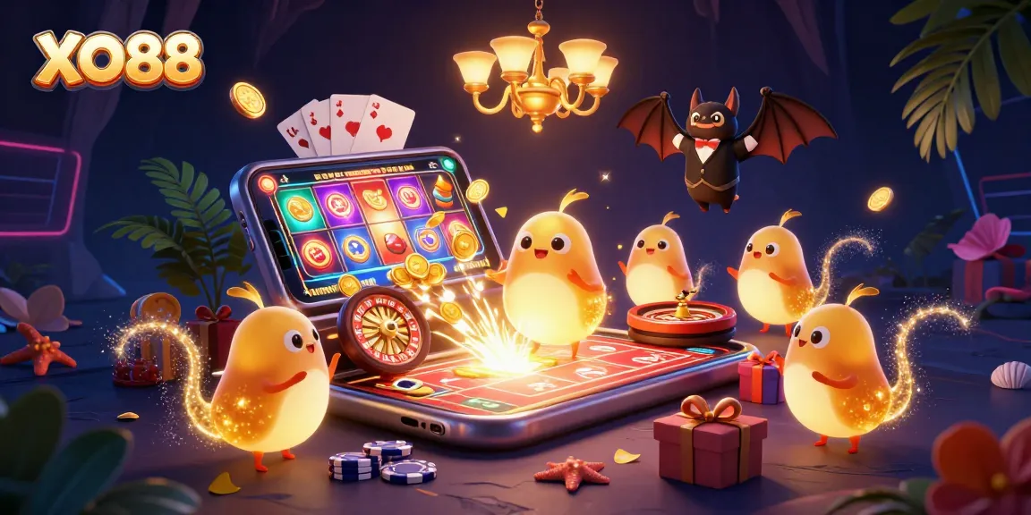 Engage with the exciting world of XO88 at a vibrant cave casino featuring glowworms and a bat dealer.