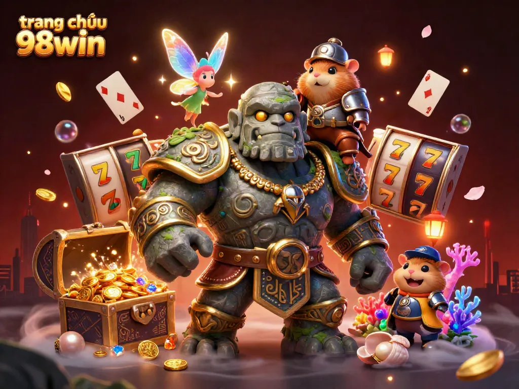 Experience the energy of trang chủ 98win with a golem guardian and magical fairy amidst vibrant casino elements.