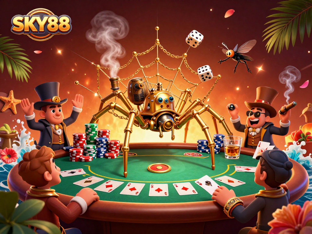 Catch winning chips at SKY88 with a steampunk spider amidst poker madness.