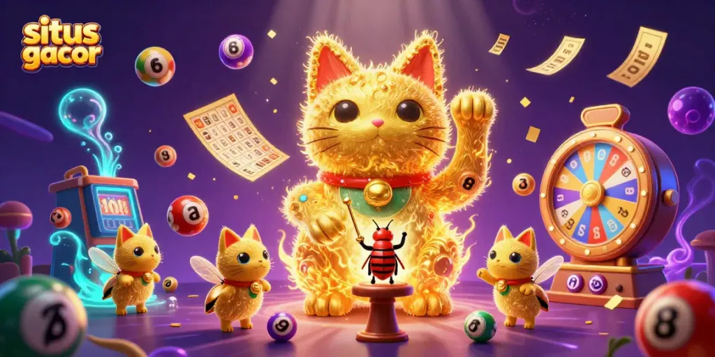 Meningkatkan peluang di situs gacor dengan ilustrasi 3D karakter lucu yang membawa simbol kasino.