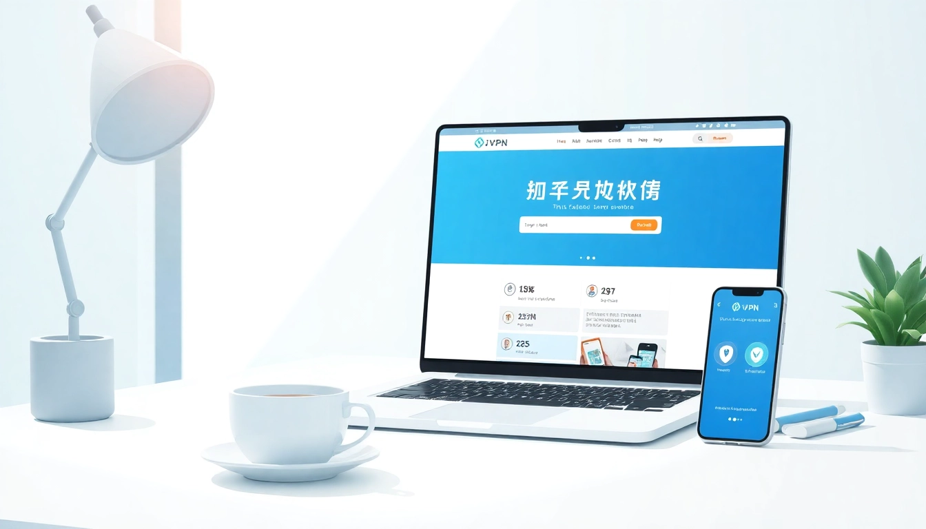 在现代工作区的笔记本电脑上展示的快连下载应用，象征数字隐私与安全。