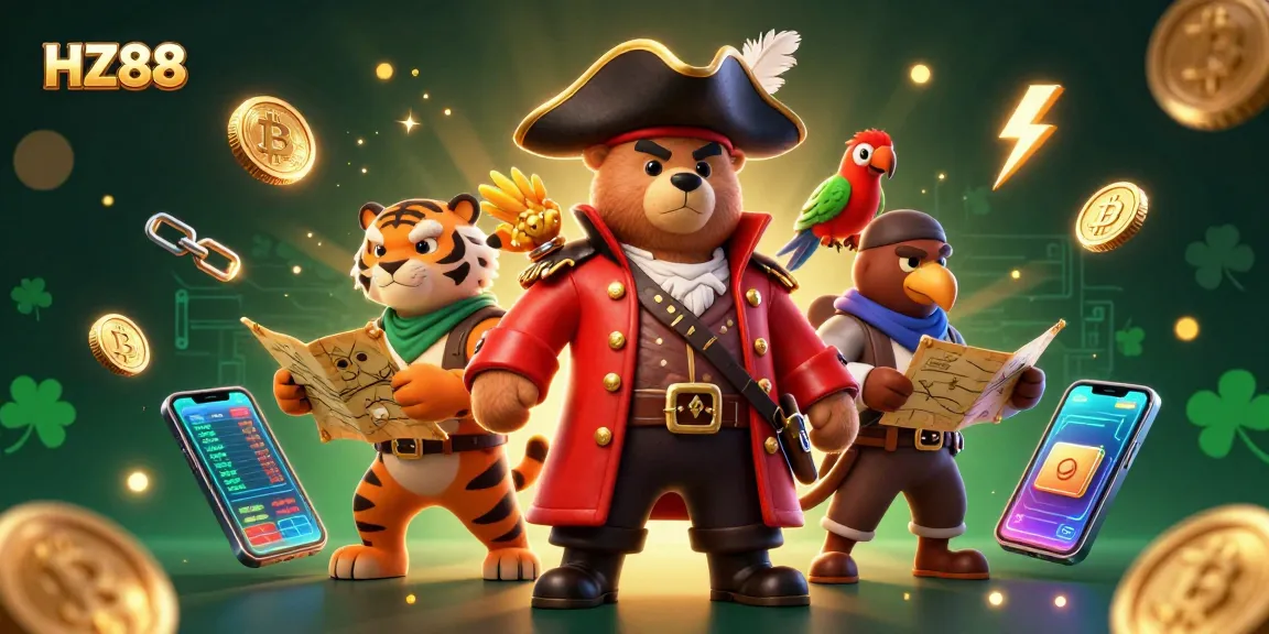 Engage with HZ88 online gaming excitement through pirate-themed 3D illustration showcasing crypto elements.