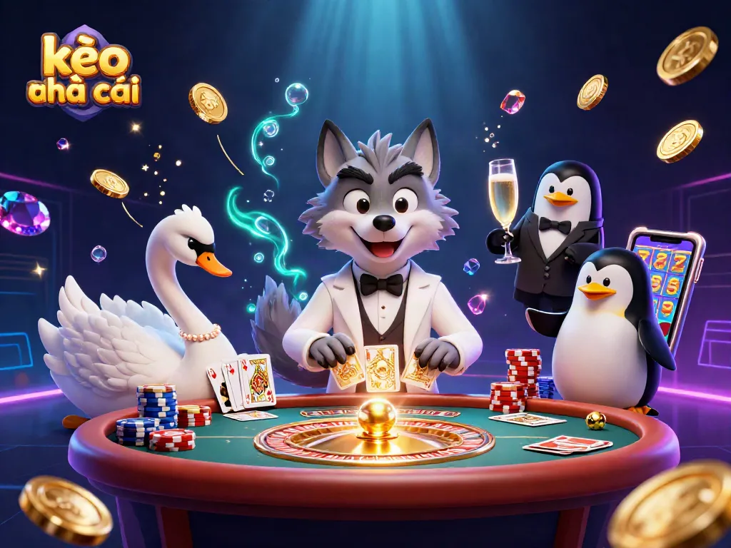 Kèo nhà cái showcases vibrant gambling scene with wolf, swan, and penguin at a baccarat table