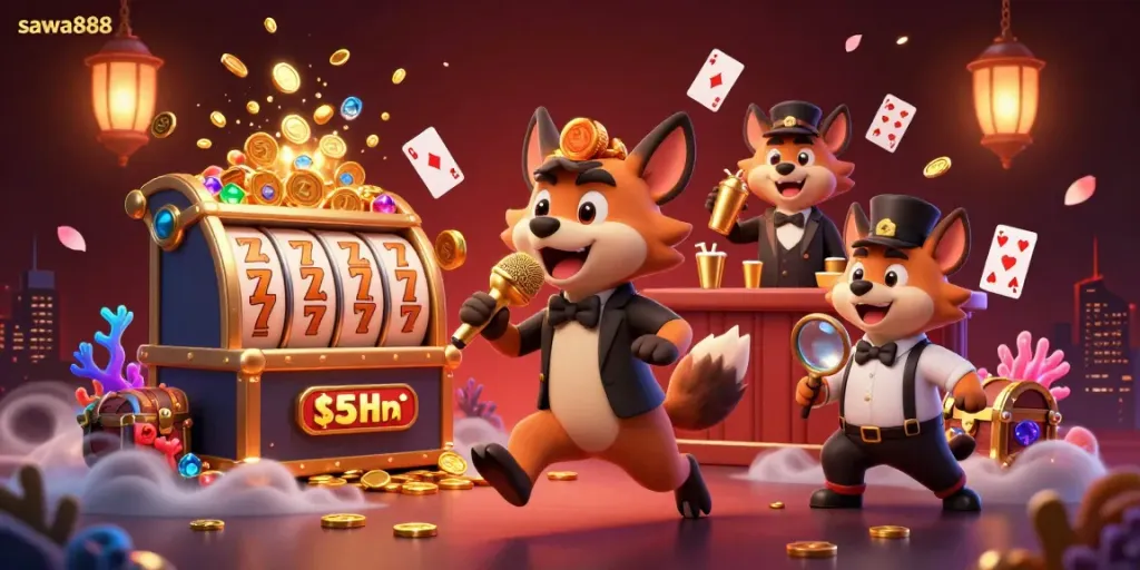 Sawa888 hyena casino illustration depicting a vibrant scene with humor and action in a comedy club setting.