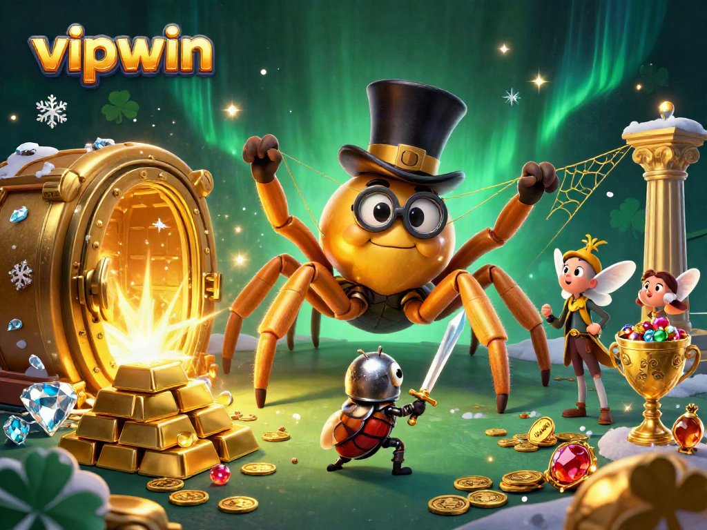 Engage in thrilling gambling experiences at vipwin, illustrated with a vibrant casino scene featuring colorful characters and dazzling treasures.