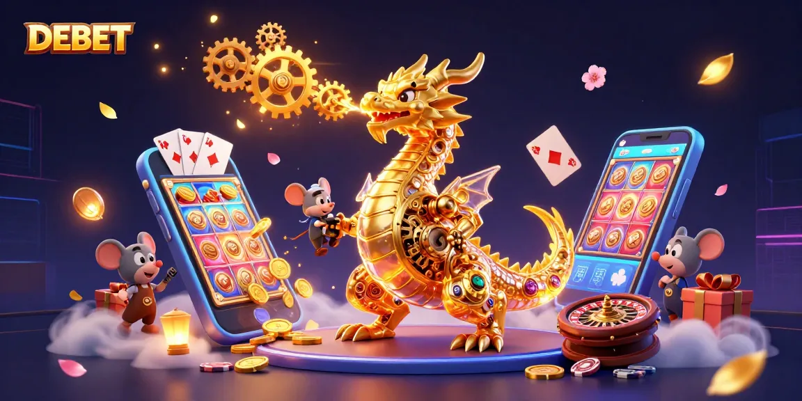 Experience DEBET's thrilling gaming world with golden gear-breathing dragon and vibrant slot games.