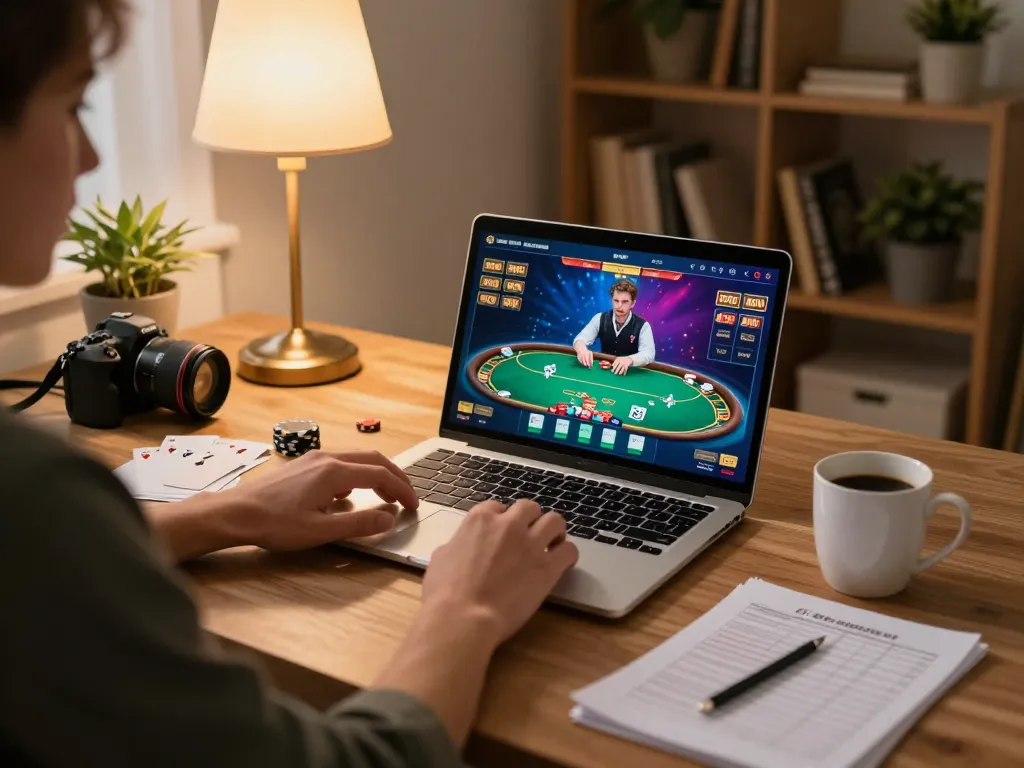 Player placing strategic bets on go88vn poker game interface at home desk