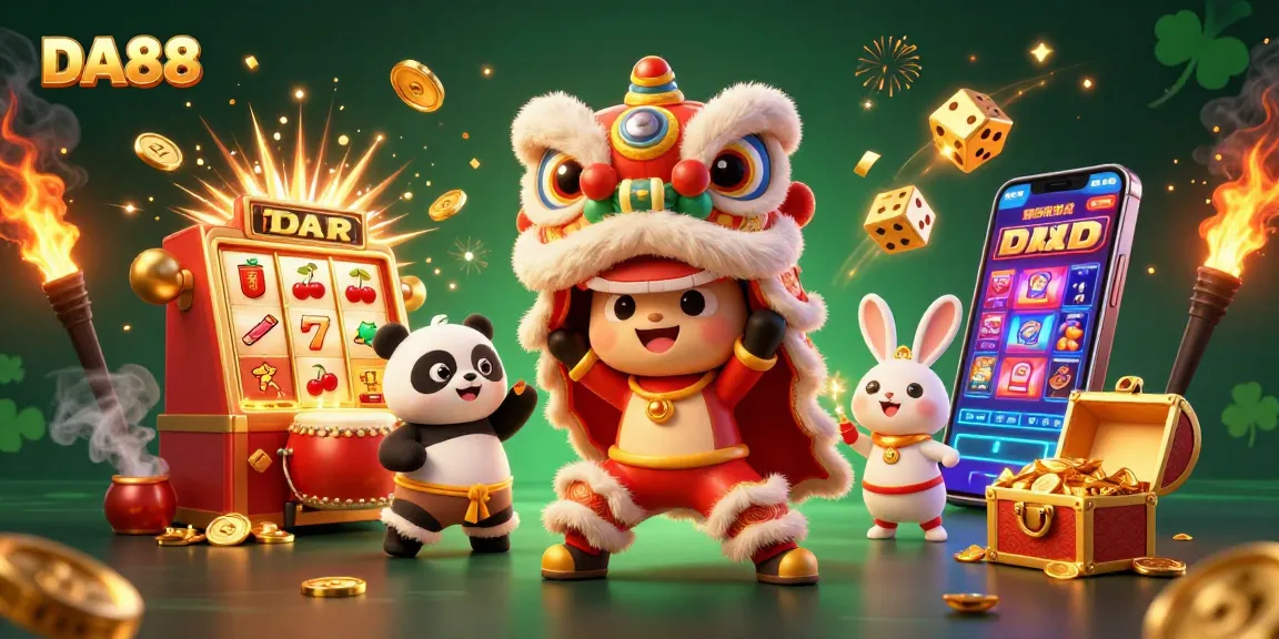 Experience the thrill of DA88 gaming with a playful lion dance and jackpot excitement!