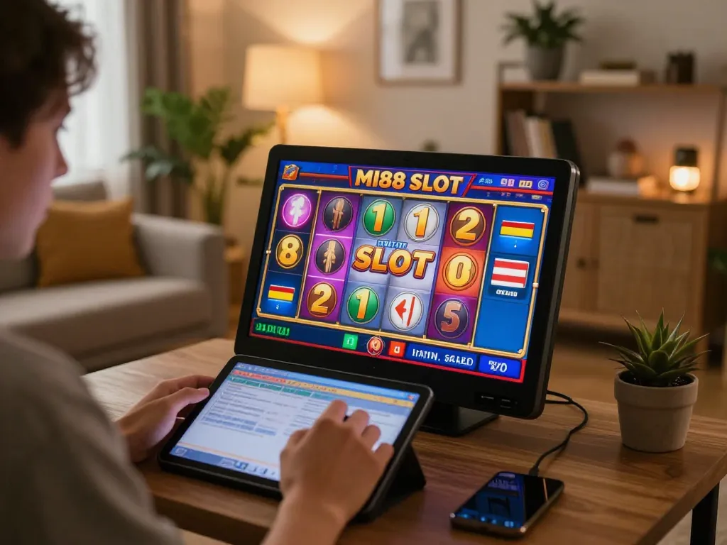 Engage in MI88 SLOT gameplay on a tablet in a cozy living room setting, showcasing vibrant colors and thrilling action.