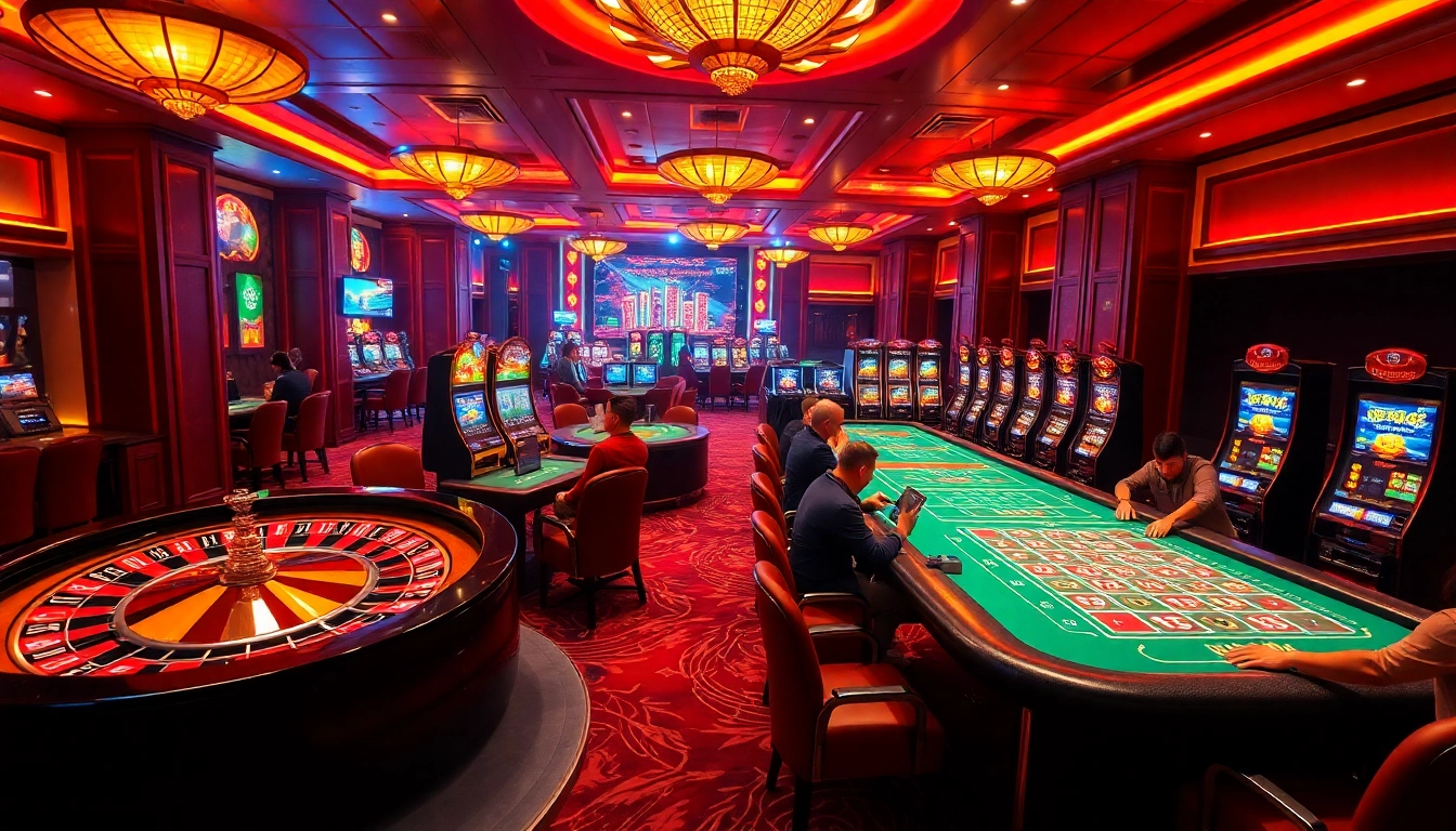 Engaging scene of players on trang chủ rr88 enjoying high-stakes gambling with vibrant slot machines and roulette.