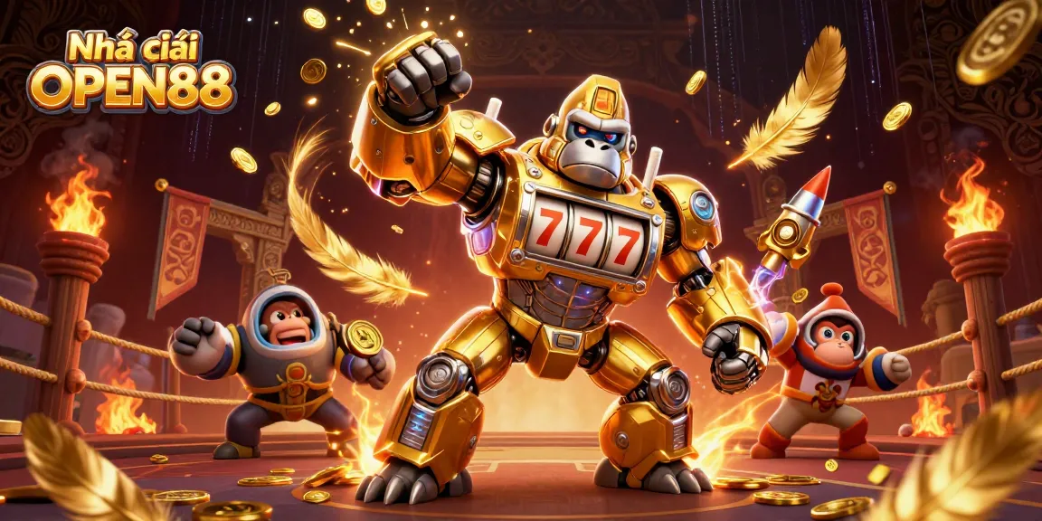 Engage with Nhà cái OPEN88 through dynamic gaming with a golden gorilla mech and vibrant casino elements.