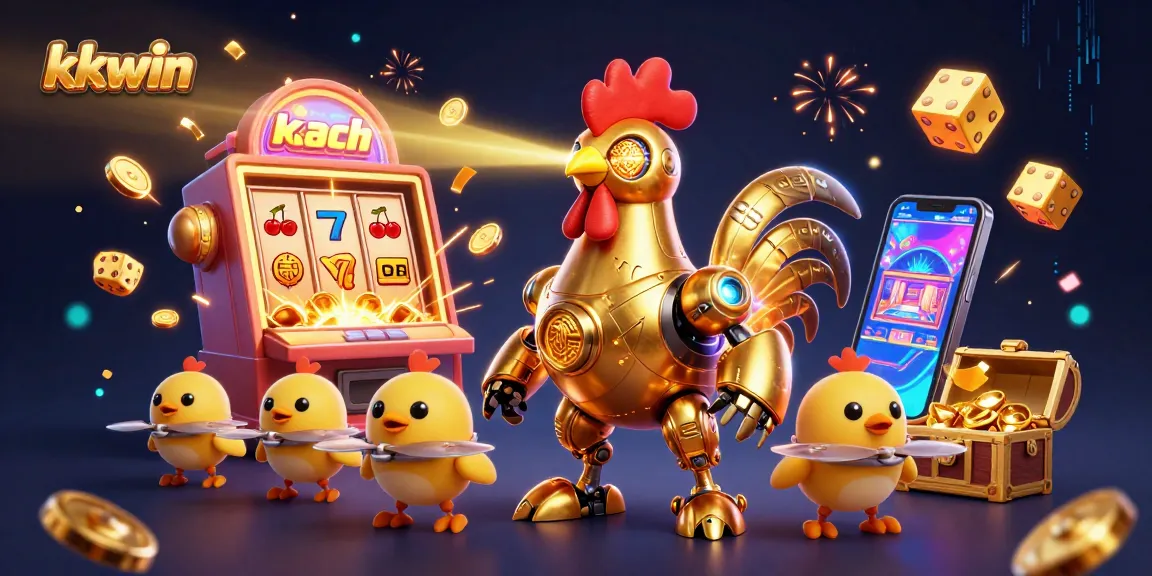 Experience exciting wins at kkwin with a futuristic golden rooster and vibrant casino elements.