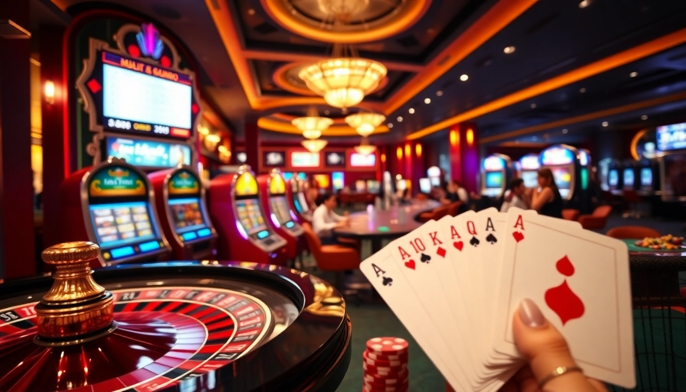 Experience the thrill of tải go88 with vibrant gaming tables and slot machines in a luxurious casino atmosphere.
