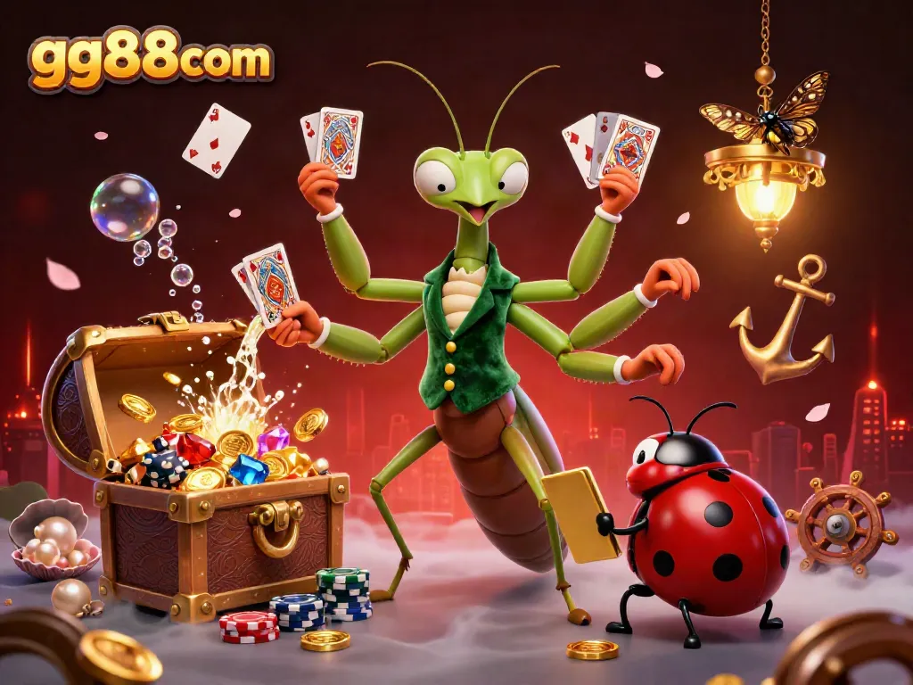 Experience excitement at gg88com with a vibrant scene featuring card games and charming characters.