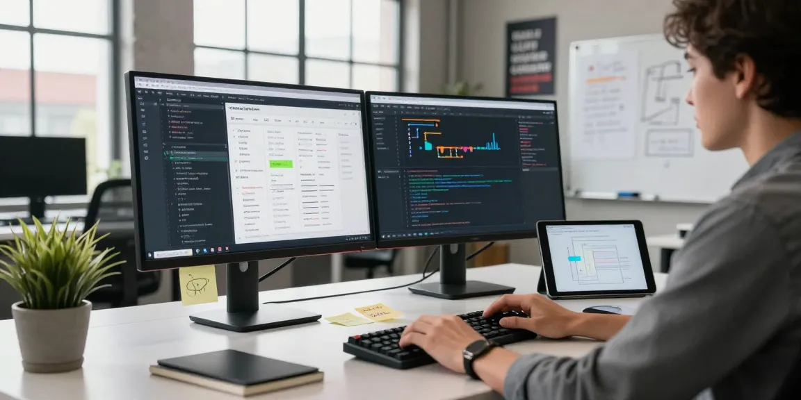 Build internal tools with AI in a modern tech workspace showing a developer creating effective solutions with dual monitors and a vibrant office.