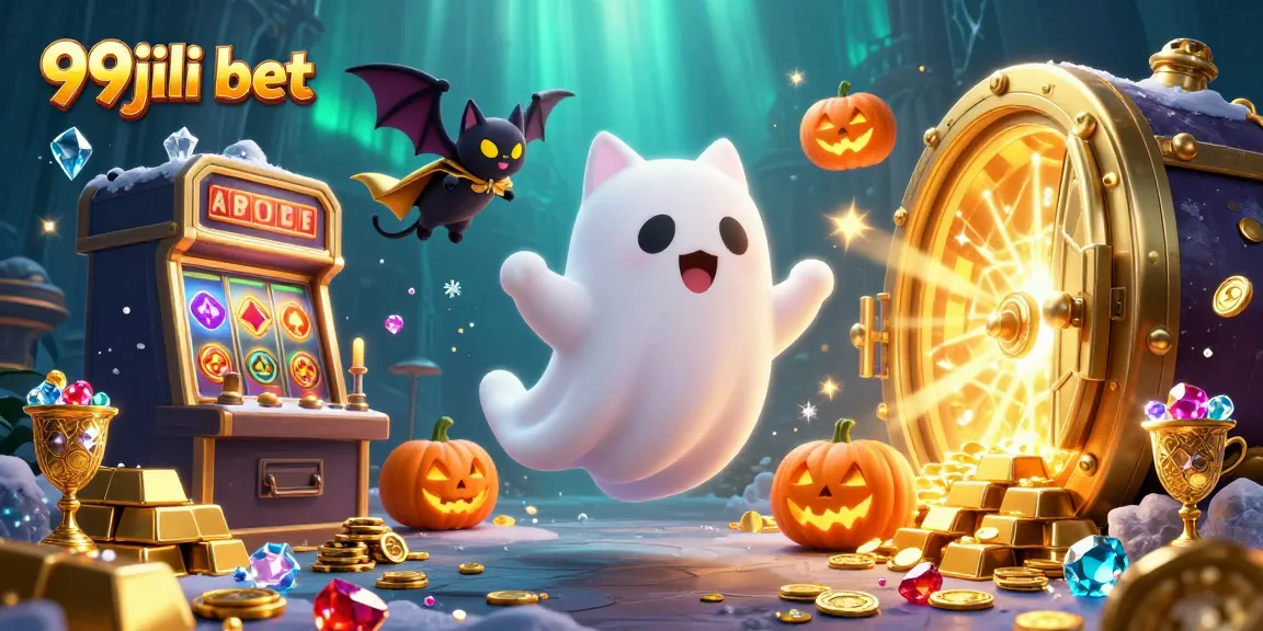 The 99jili bet scene features a ghost cat with a vampire bat in a casino with glowing elements and treasures.