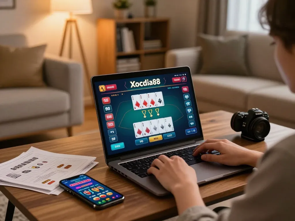 Xocdia88 player focused on poker game interface at home, showcasing strategy notes and modern decor.
