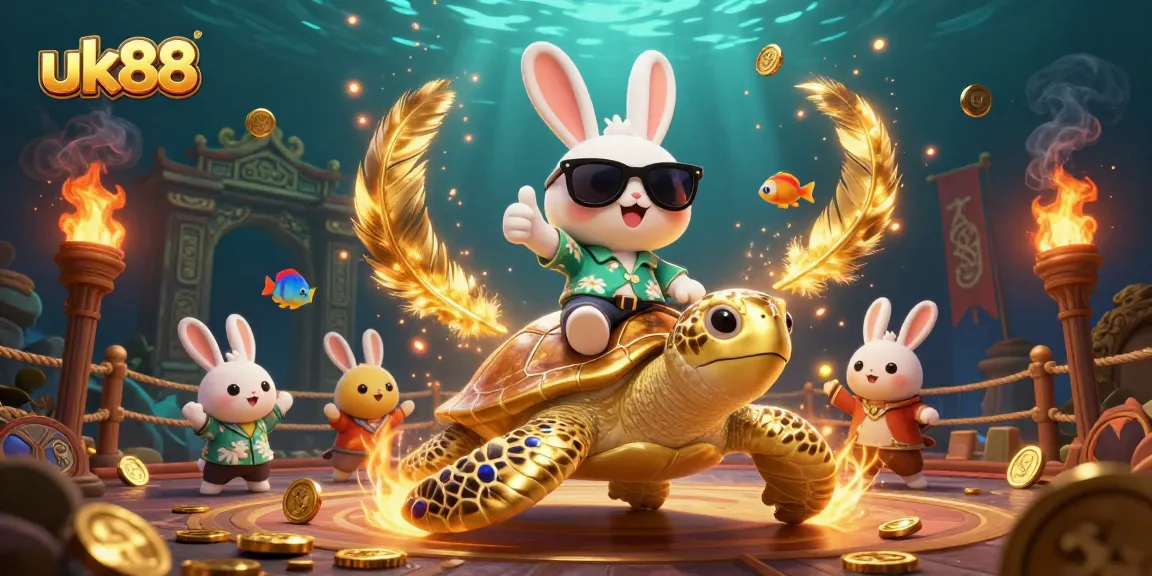 Win big with uk88 as a lucky rabbit and a golden turtle in a vibrant casino adventure.