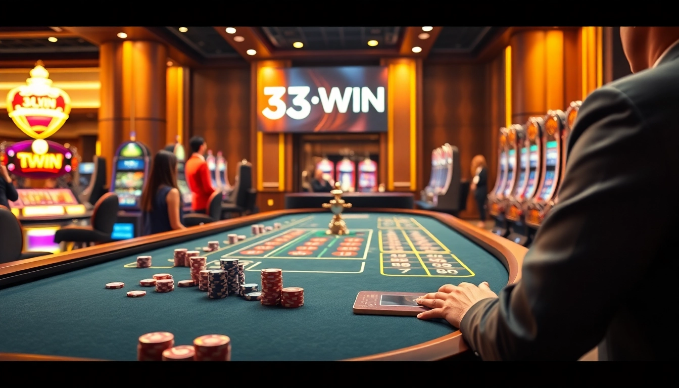 Experience excitement with 33WIN as players engage at a luxurious casino table filled with vibrant chips and a roulette wheel.