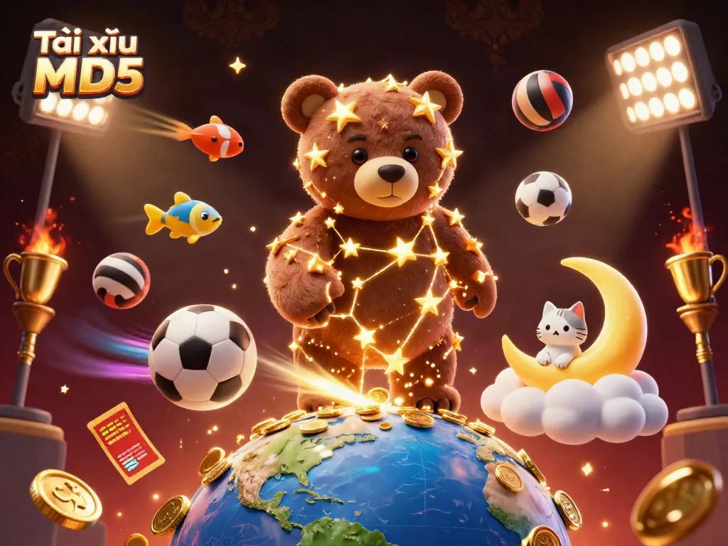 Experience thrilling gameplay with Tài xỉu MD5, represented by a bear collecting coins under a starry sky.