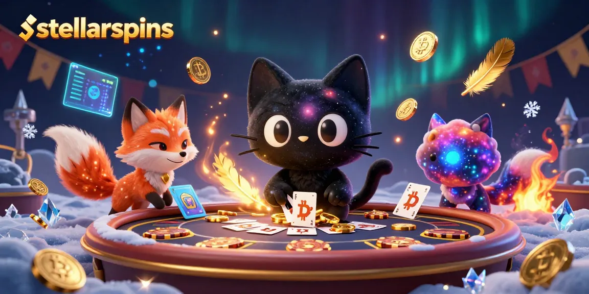 Engage with stellarspins' dynamic cosmic casino scene featuring a black hole cat and nebula fox enrapturing golden chips.
