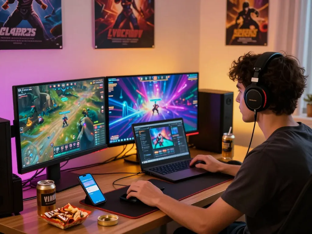 Hitclub gaming scene with player focused on colorful game interfaces and cozy ambiance.