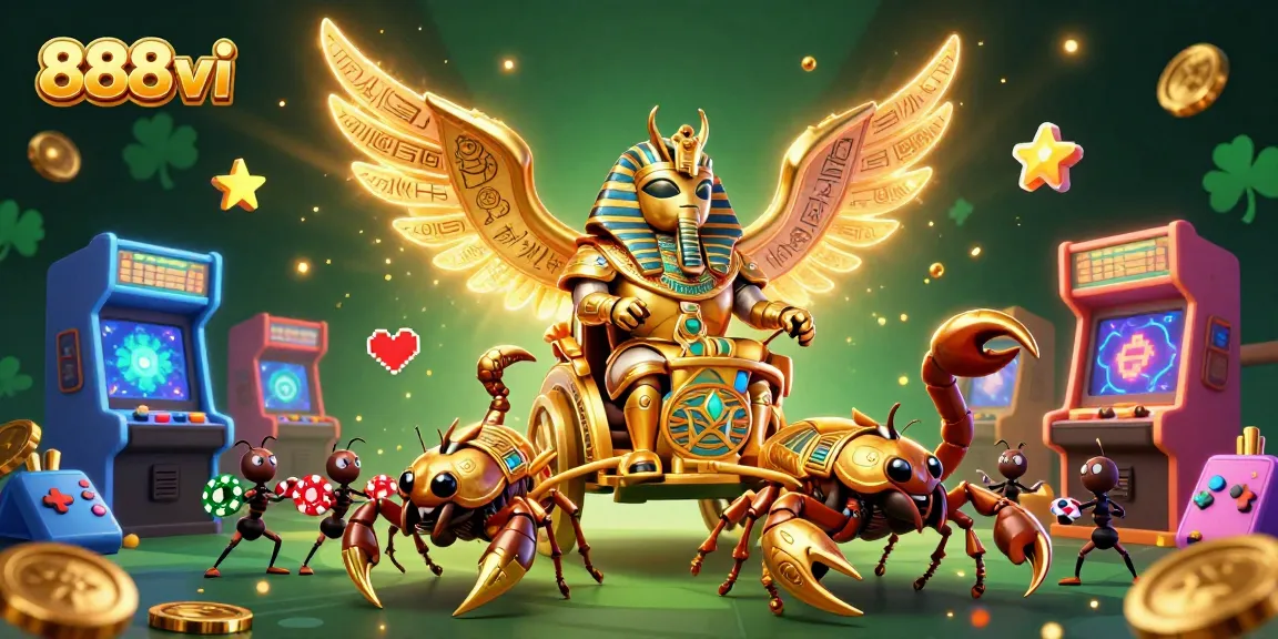 Engage with vibrant gaming action at 888vi, featuring a golden beetle and dynamic casino elements.