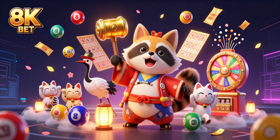 Experience 8K BET with vibrant lottery and casino elements in a festive, action-packed digital scene.