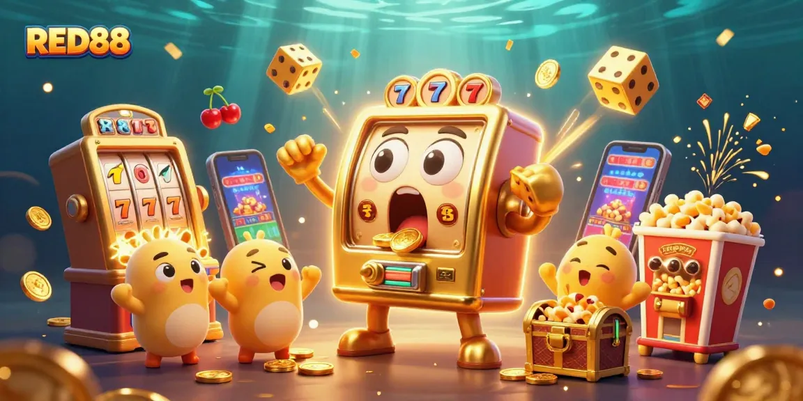 Spin to win at RED88 with a vibrant scene of a golden slot machine celebrating a jackpot!