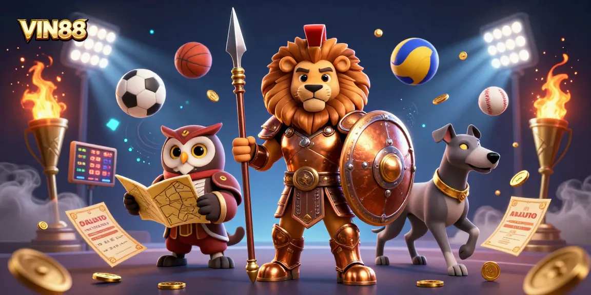Engage with VIN88's dynamic sports betting scene illustrated with action-packed elements.