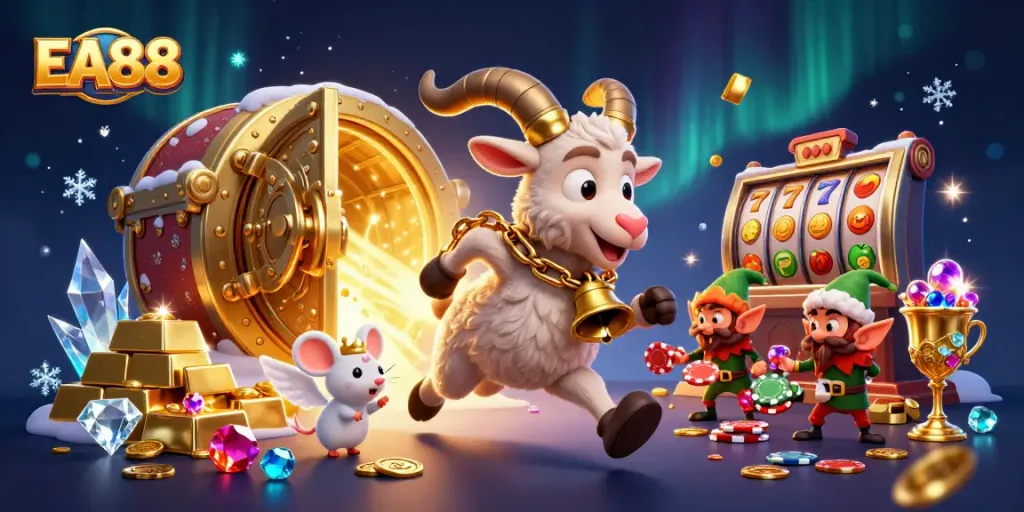 EA88's festive casino scene with a Krampus goat, angel mouse, and elf gremlins amidst shimmering slot reels.