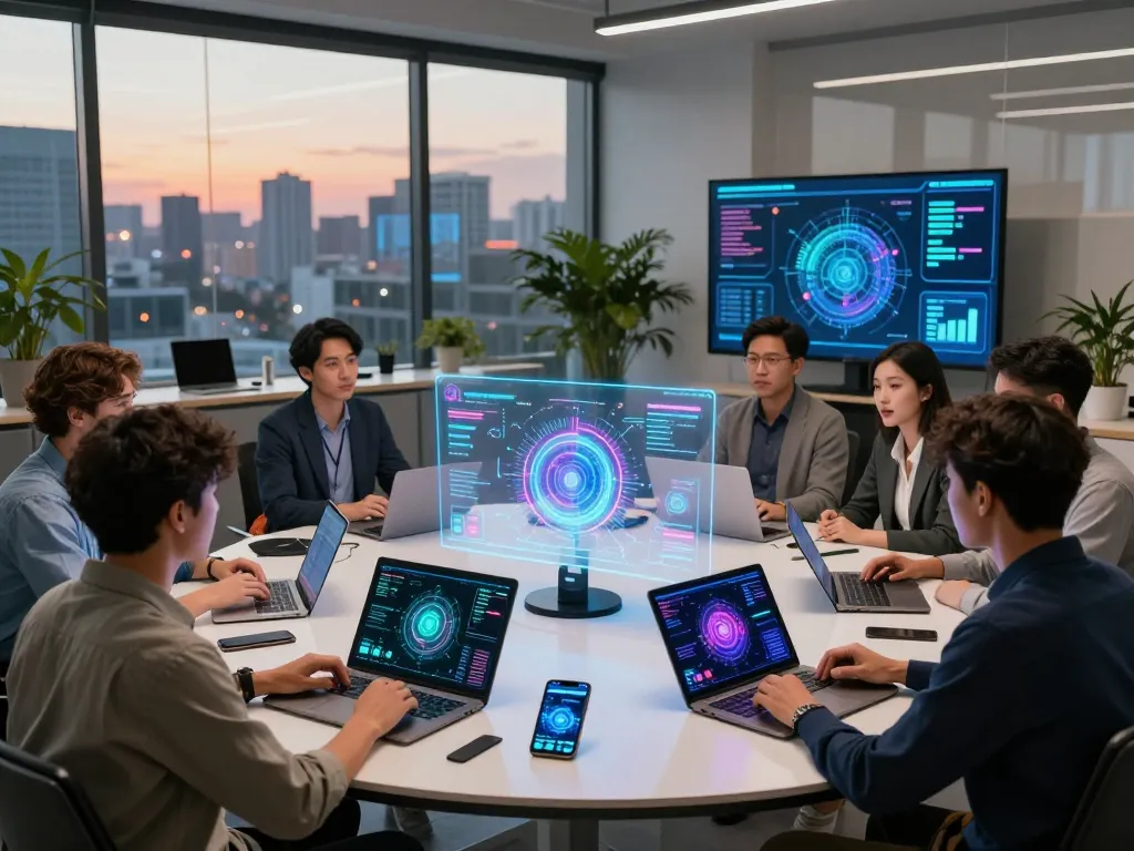 Collaborative digital workspace focusing on juicy ai innovations featuring diverse professionals discussing AI applications.