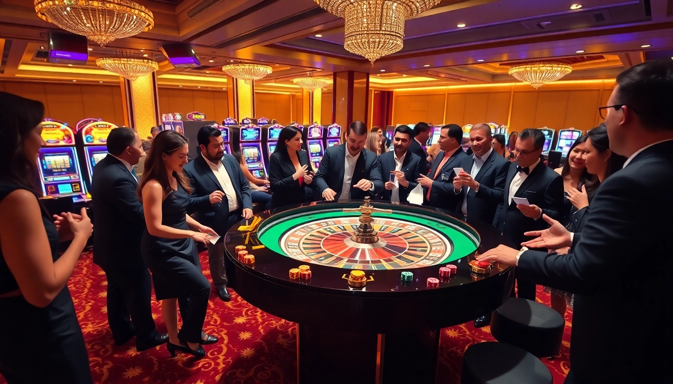 Excited players enjoying a KM88 branded roulette game in a luxurious casino atmosphere.