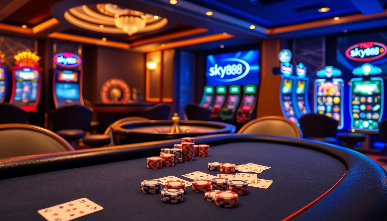 Experience the thrill of Sky88 with an exciting casino scene featuring poker tables and high-end gaming.