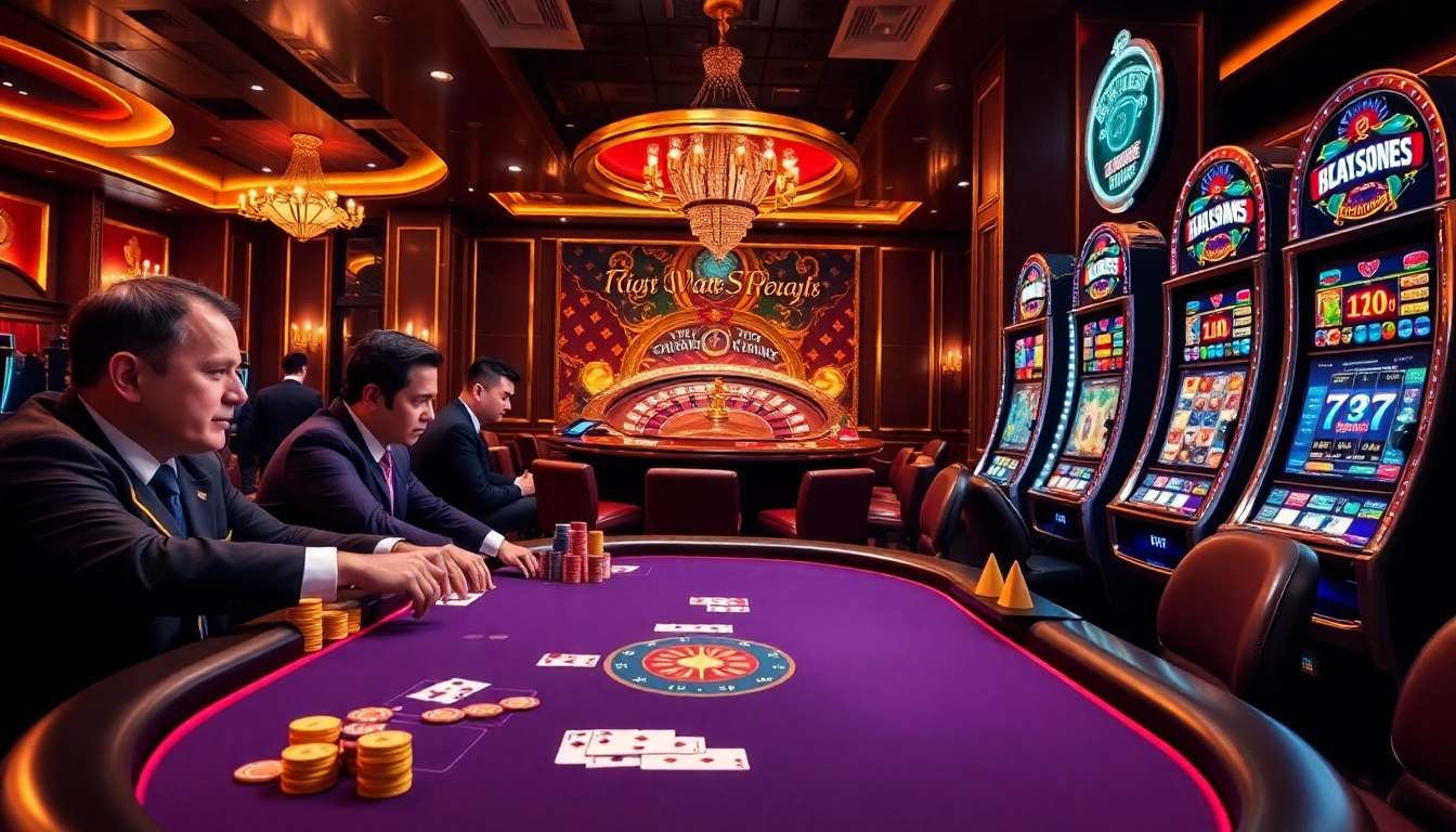 Players engage in a thrilling poker game at https://78win.bot/, surrounded by vibrant casino elements like poker chips and a roulette wheel.