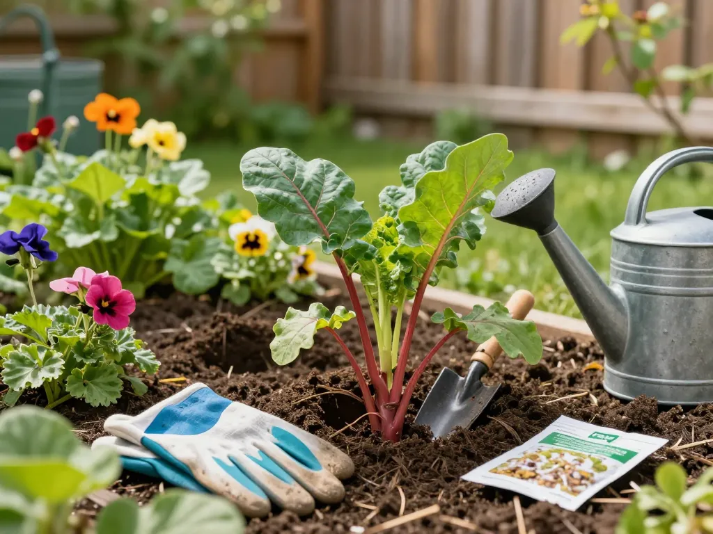 Gardener planting rabarber planten in a lush home garden.