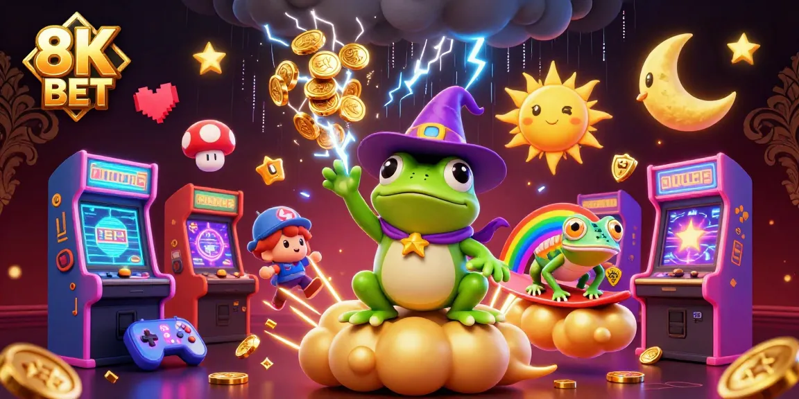 Experience the thrill of 8K BET as a wizard frog conjures gold coins amidst arcade excitement.