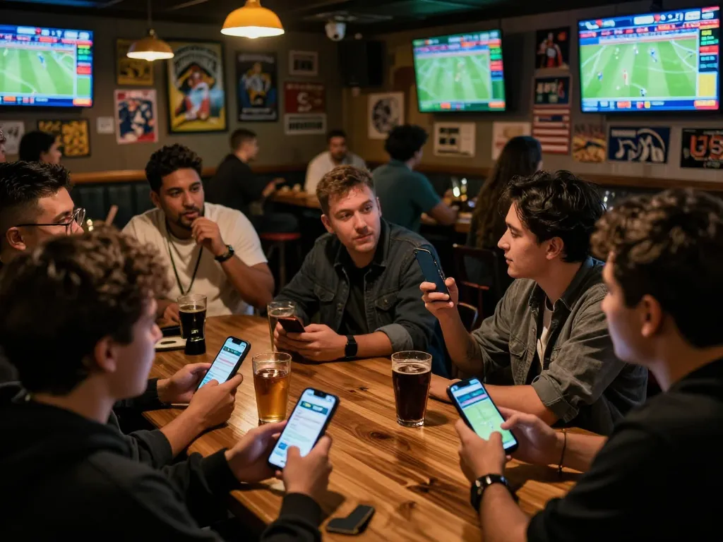 Engaged friends using NK88 com for sports betting at a lively sports bar, celebrating a winning bet.