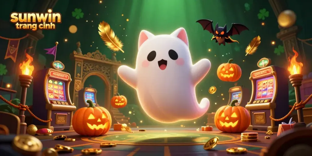 Experience the thrill of playing at sunwin trang chính with a floating ghost cat, bat, and glowing jack-o-lanterns.
