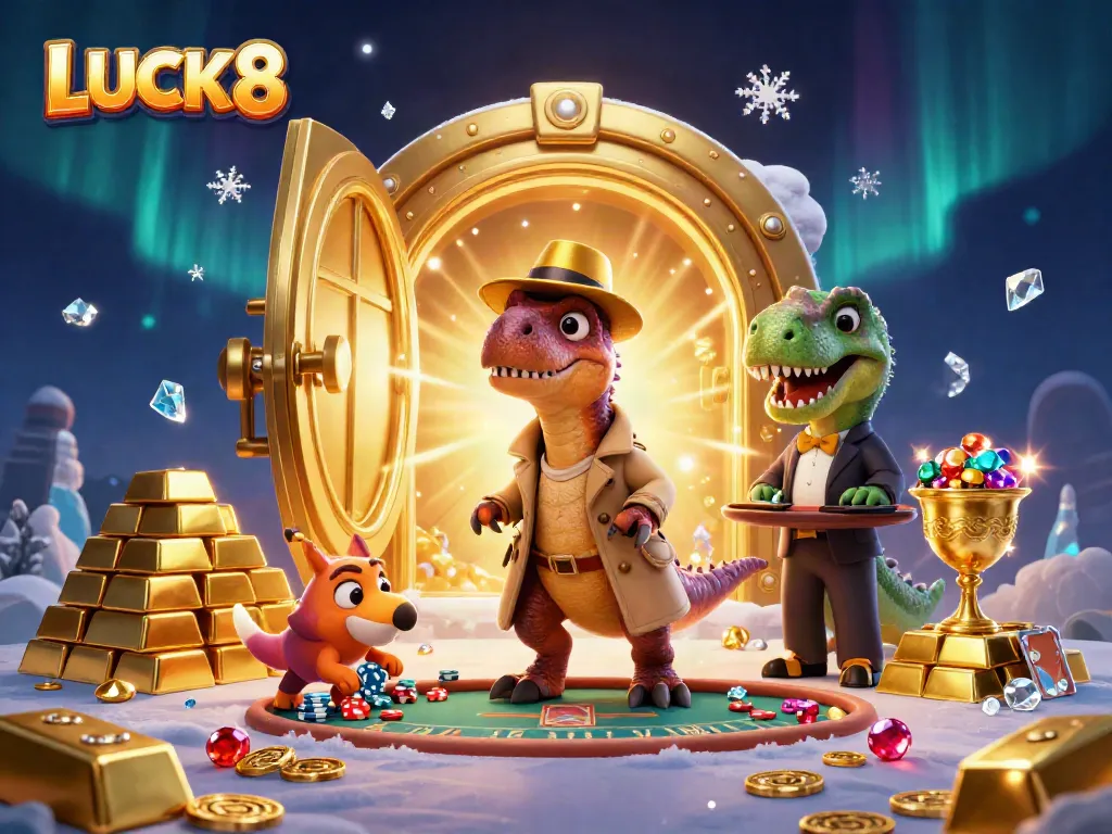 LUCK8 features a velociraptor card counter and stegosaurus pit boss in a dynamic casino scene.