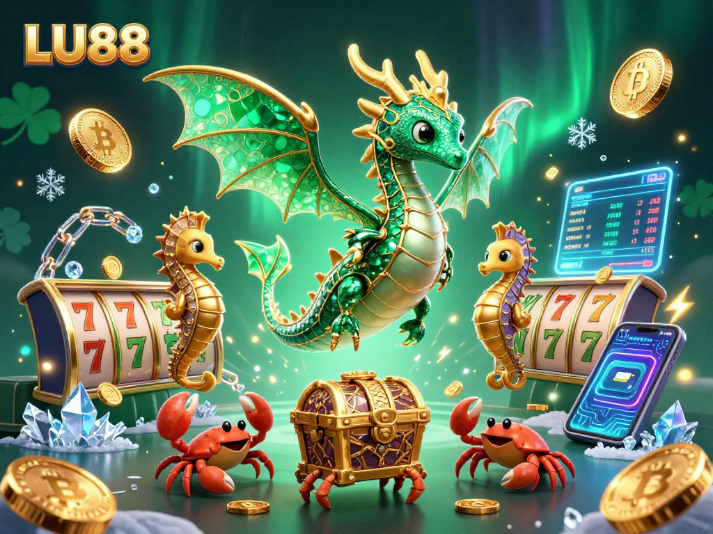 LU88 offers thrilling slots gameplay with a whimsical sea dragon guarding treasure in an immersive casino scene.