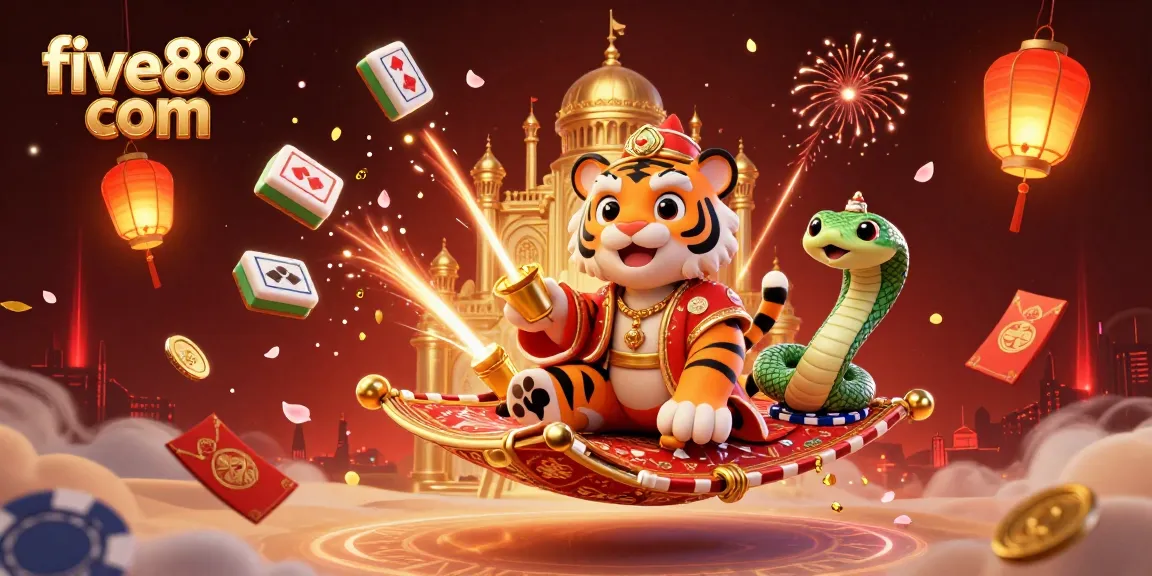 Engage with five88 com's magical casino world featuring a tiger sultan, floating mahjong tiles, and golden lanterns.