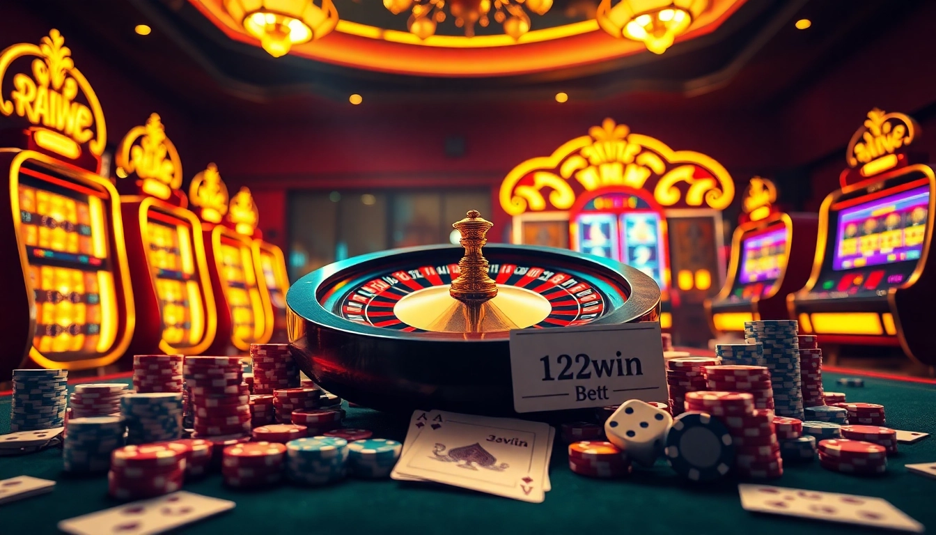 Experience the excitement of 123win bet with vibrant casino elements like roulette wheels and poker chips.